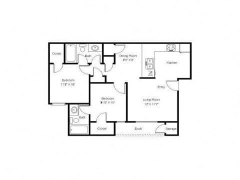 Floor plan for 2 beds, 2 baths, 860 sqft
